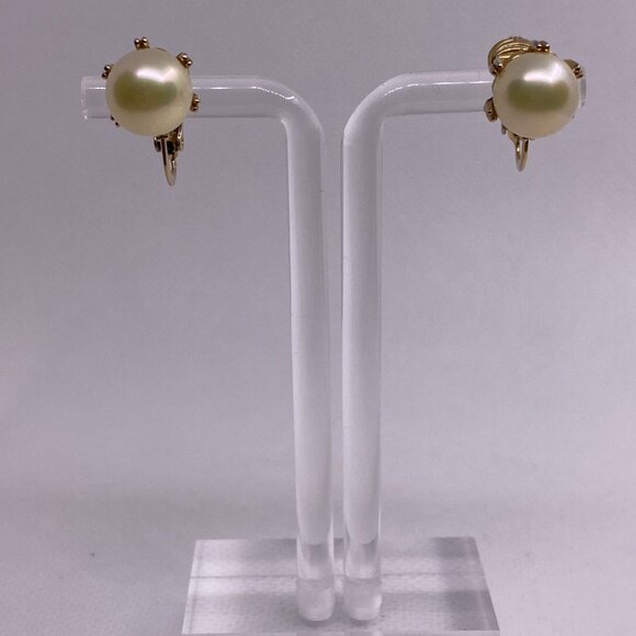Ciner Clip On Earrings 10K Yellow Gold Pre Owned Faux Pearl Prong Set Signed - Picture 5 of 12